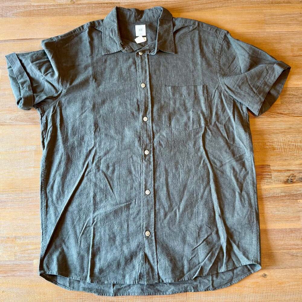 H&M Regular Fit Short Sleeve Linen Shirt Dark Green Size M